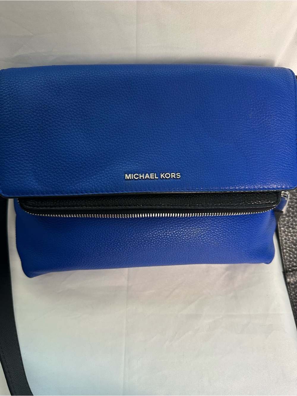 Michael Kors Royal Blue Fold-Over Crossbody Bag with Black Zip Trim